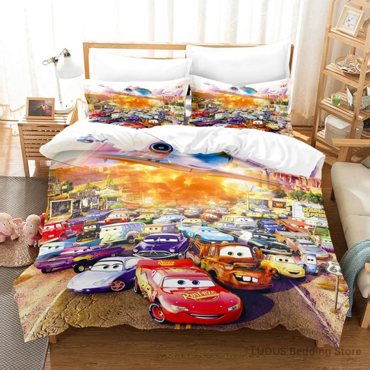 Set di biancheria da letto Disney Cars, copripiumino Kawaii Yellow Racer con federe, copripiumino Lightning McQueen, copripiumino per camera da letto per ragazzi