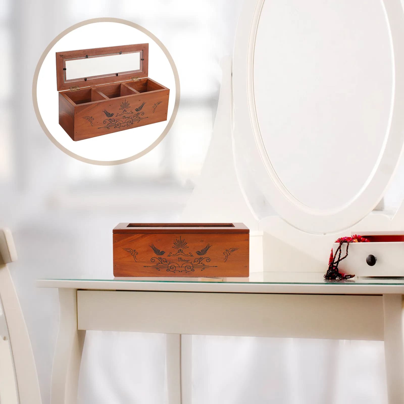 Scatola Portagioie Vintage in Legno con 3 Scomparti, Organizzatore da Scrivania per Donne, Regalo per Natale, Compleanno, Anniversario, San Valentino