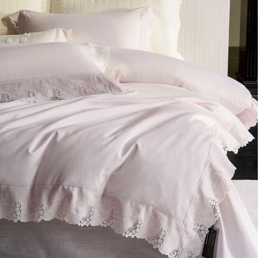 Lyocell Cotton and Linen Blend Soft Silky Floral Lace Edge Princess Bedding Set Duvet Cover Flat/Fitted Bed Sheet Pillowcase 4Pc