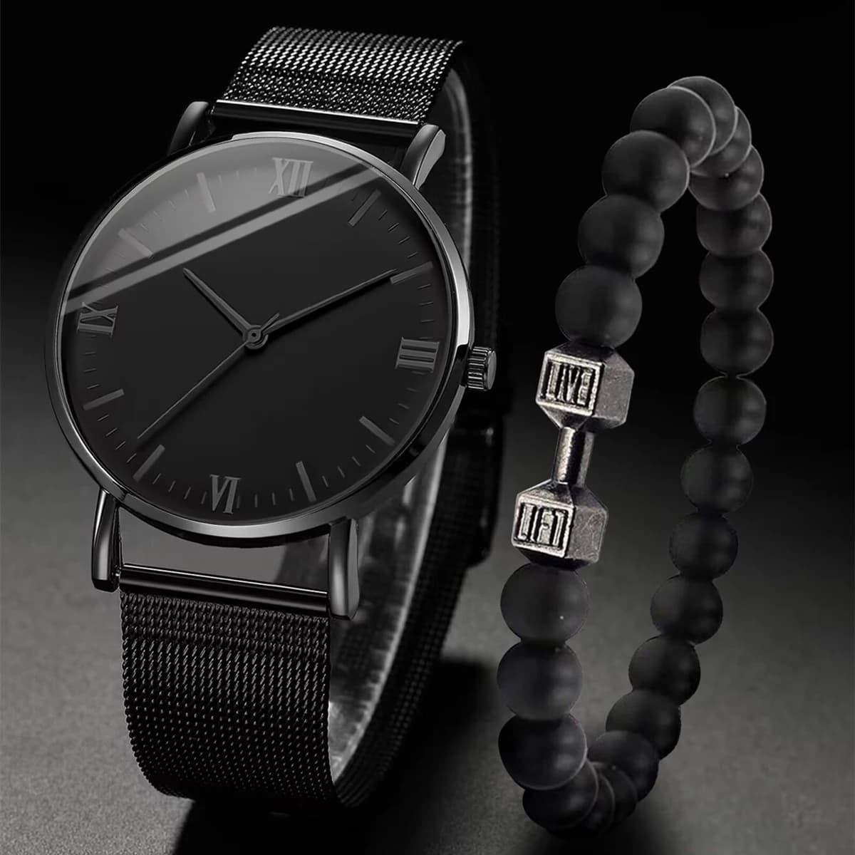 Set di braccialetti per orologi da polso con cinturino in maglia d'acciaio, moda Roma, orologio da uomo 2 pezzi