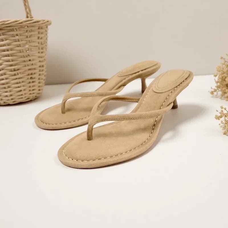 Brown Suede Heeled Sandals For Women Summer Flip flops Sandals Mid Kitten Heel Mule Sandals Woman Open Toe Plus Size Sandal