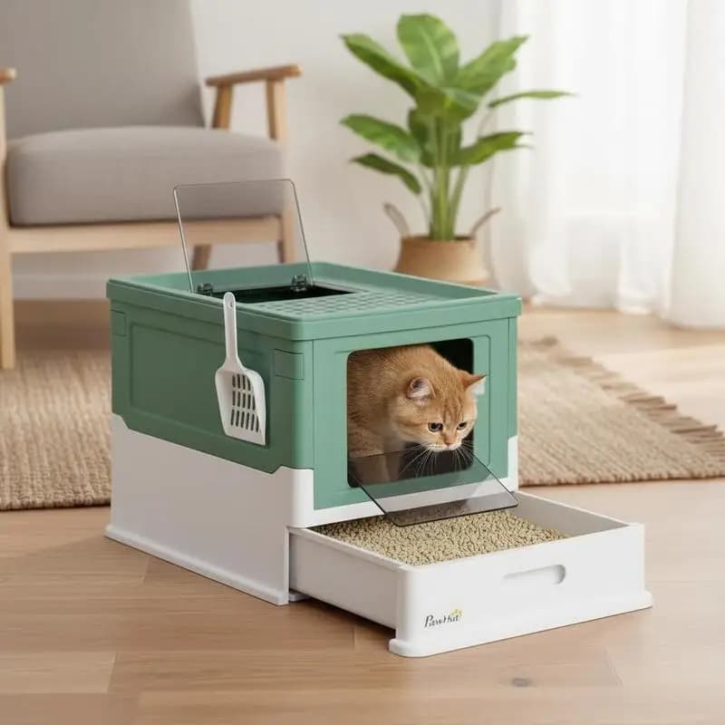 Lettiera per Gatti con Coperchio, Toilette Portatile per Animali Domestici, con Paletta, Ingresso Frontale - Verde