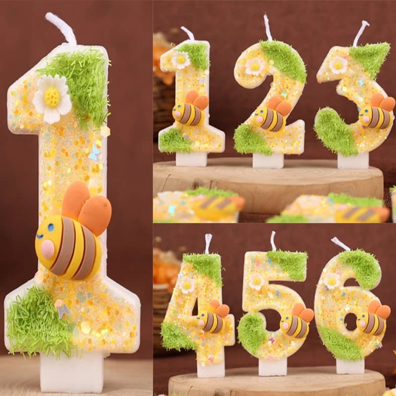 Bee Number Birthday Candles 0-9 Wax Green Yellow Cake Topper for birthday Party Decoration Cute Gift Set