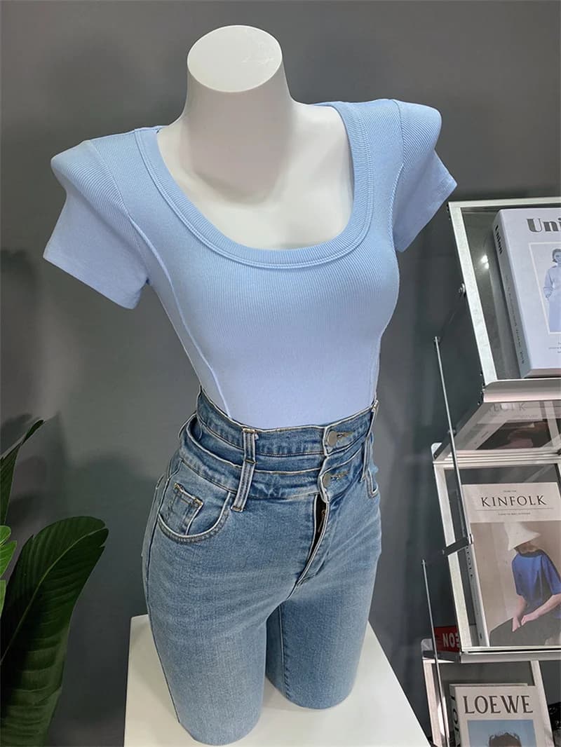 Slimming Effect Short Sleeve U-Neck T-Shirt Women's Fashionable Versatile Base Layer Top Korean Style Cotton Blend Summer Wear