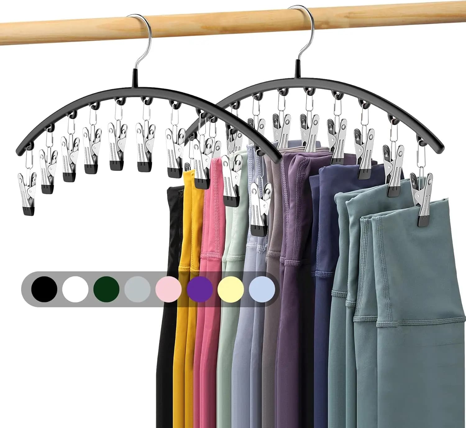 Metal hanger for yoga pants, 2 pack with 10 clips, contains 20 leggings, black space saving organizer