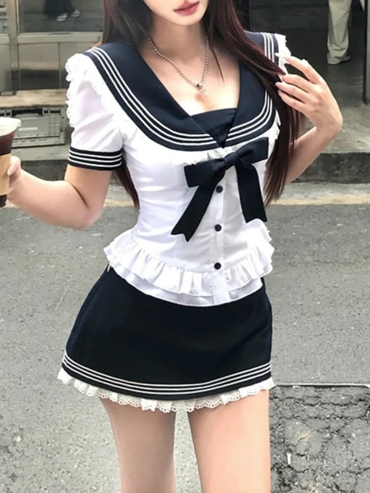 Two Piece Sweet Set With Bow Style College Sweet Seaman's Shirt + Blue Miniskirt Short Sleeved Kawaii Set