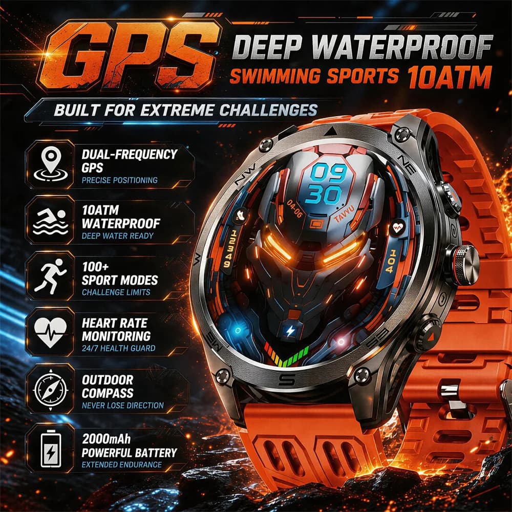 Orologio Intelligente Militare Robusto da Uomo con GPS, Bussola, Altimetro, Batteria 1000mAh, Chiamate BT, 100+ Modalità Sportive, Impermeabile, Cardiofrequenzimetro, Fitness