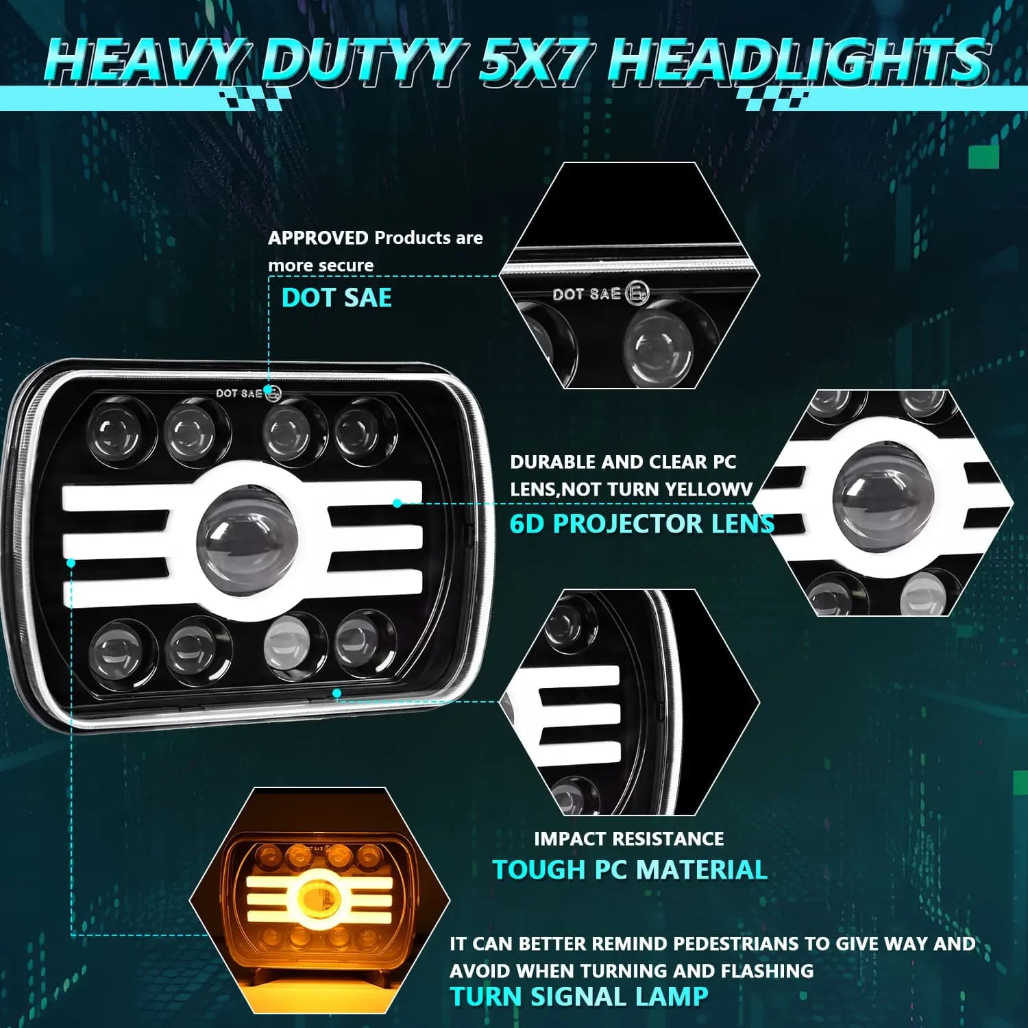Faro quadrato a LED da 7 pollici 220W Lente Super Bruight Faro per Wrangler Jeep Harley 25000LM DRL Turn Signa Faro 9-32V