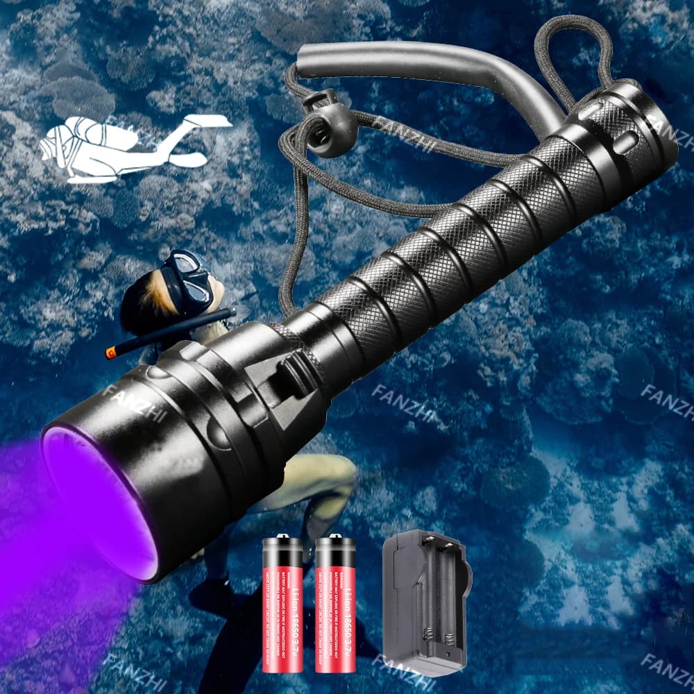 Torcia subacquea a LED UV lanterna a raggi ultravioletti Scuba Purple Light Underwater 200M Dive torcia in alluminio 395nm per la caccia subacquea