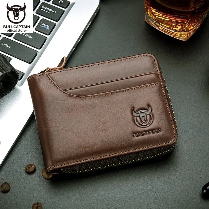 BULLCAPTAIN portafoglio da uomo in vera pelle Business Casual Retro RFID Zipper portamonete Multi-Card Slot Cash Clip