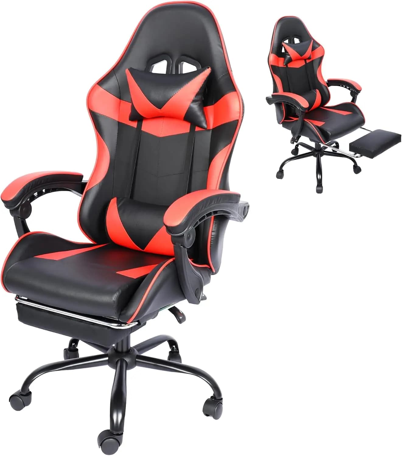 Sedia da gaming ergonomica con poggiapiedi, supporto lombare, altezza regolabile, rotazione a 360° ° Girevole in Rosso e Nero