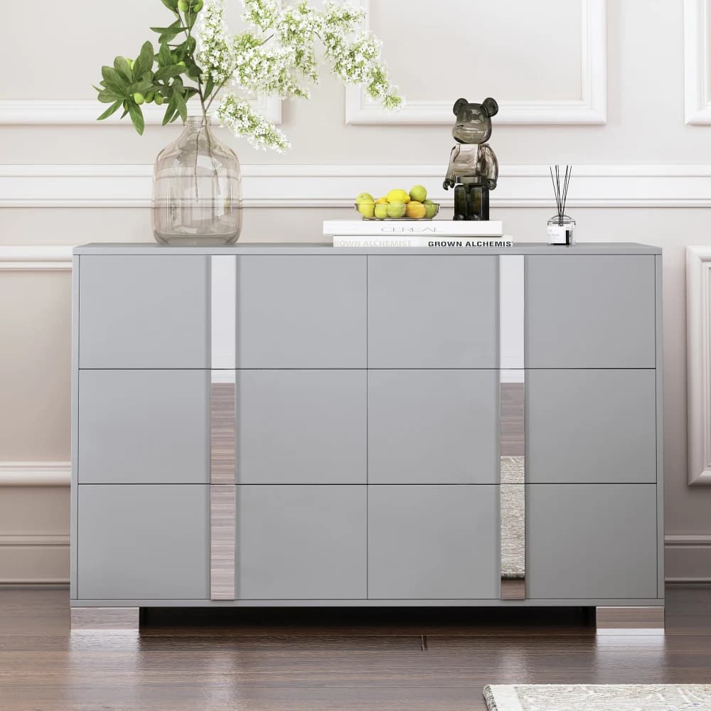 Elegante cassettiera moderna con maniglia in metallo, armadietto portaoggetti a specchio con 6 cassetti per camera da letto, soggiorno, grigio