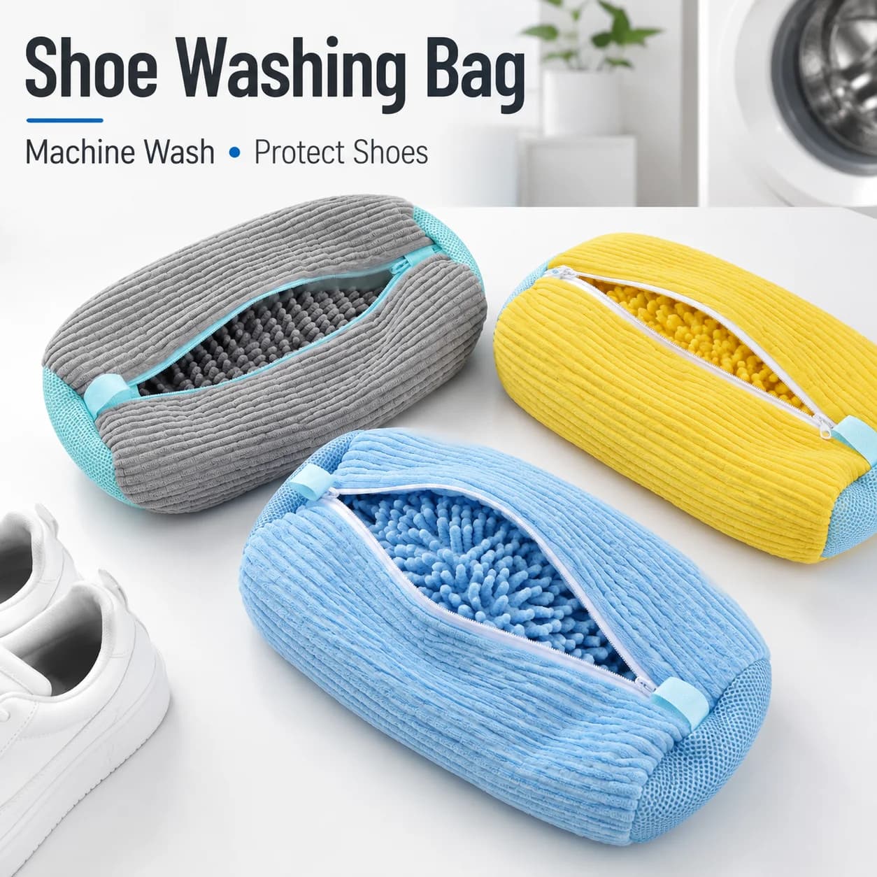 2Pcs Shoe Washing Bag for Washing Machine Microfiber Chenille Sneaker Laundry Bag Reusable Zipper Shoe Cleaner Protector