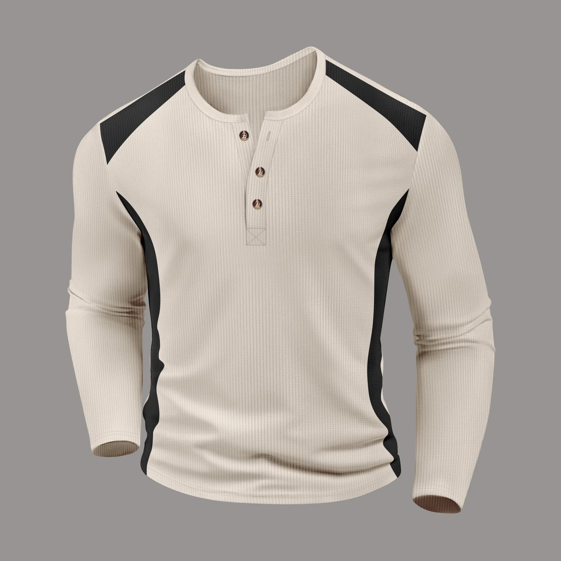 Men's Waffle Knit Color Block Henley Shirt - Casual Long Sleeve Button Decor Tee