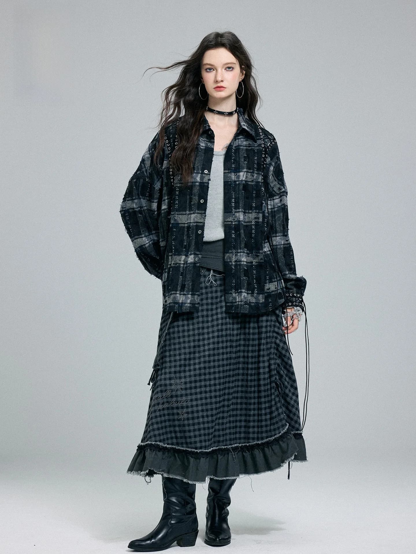 Loose Long Sleeve Shirt Women's Style BAK Bandage Checkered Streetwear Lazy Fashion Cotton Pure Vintage Spring Open Cardigan