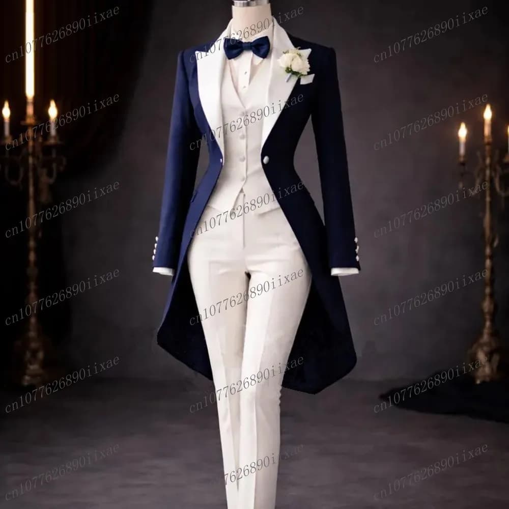 Women's Blue Navy Dress with Long Blazer, Vests and Pants, Ceremony Dress for Mother, Bride or Business Events, Set 3 Pieces