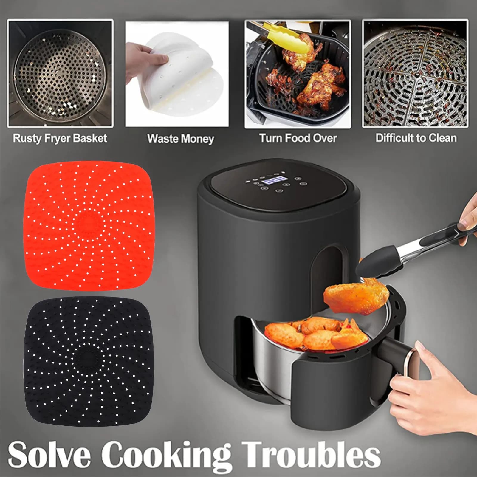 2 Pezzi Tappetino in Silicone Antiaderente Rialzato Riutilizzabile per Friggitrice ad Aria, Accessorio per Cucina e Cottura Domestica