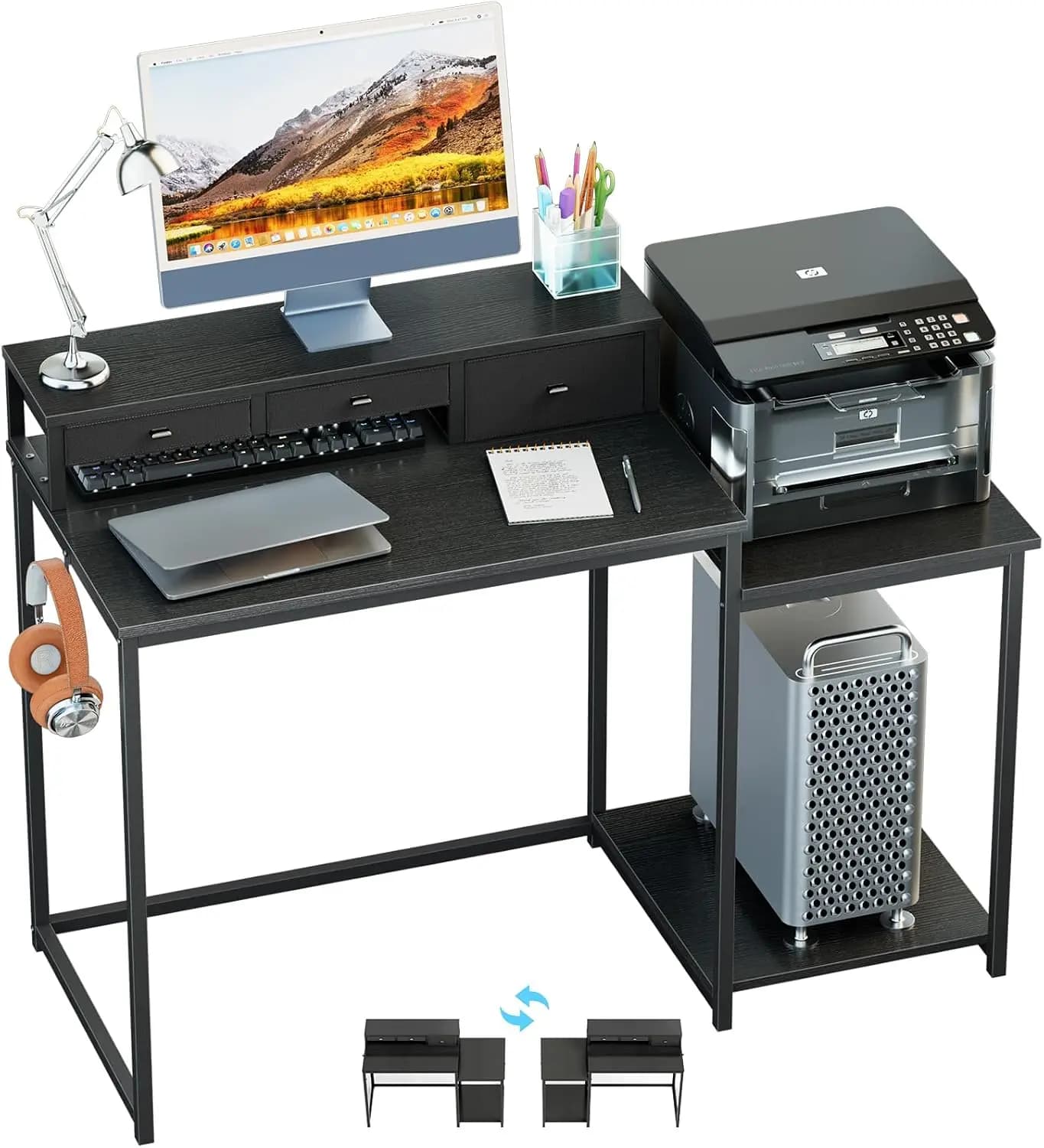 47-Inch Computer Desk with Printer Shelf, Monitor Stand, Drawers, Storage Shelves, and 2 Hooks - Reversible Home Office Desk, Gaming Desk, Workstation for Study and Writing, Black