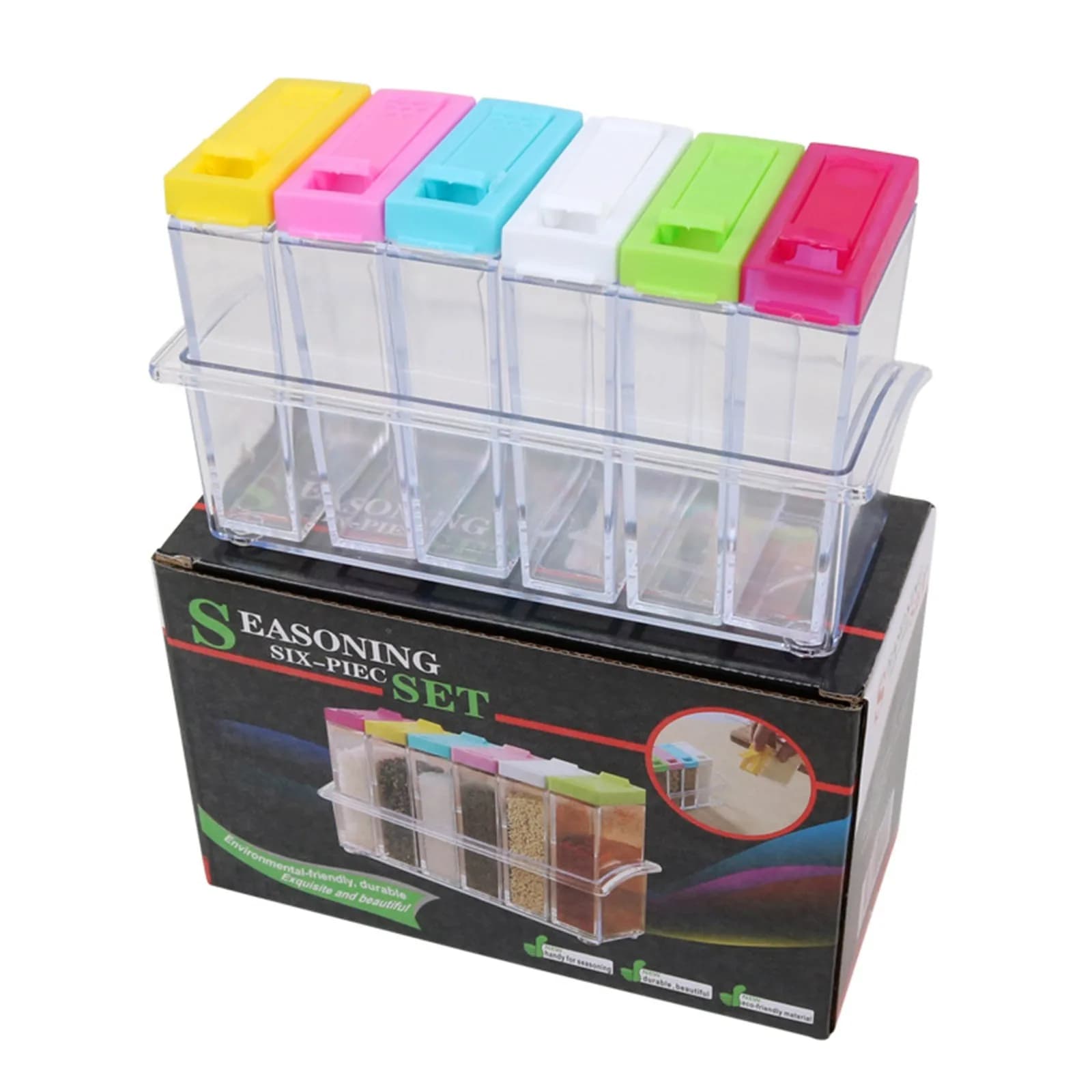Set di barattoli trasparenti per spezie, contenitori per la conservazione in cucina, bottiglie di plastica con 6 barattoli e base, accessori da cucina