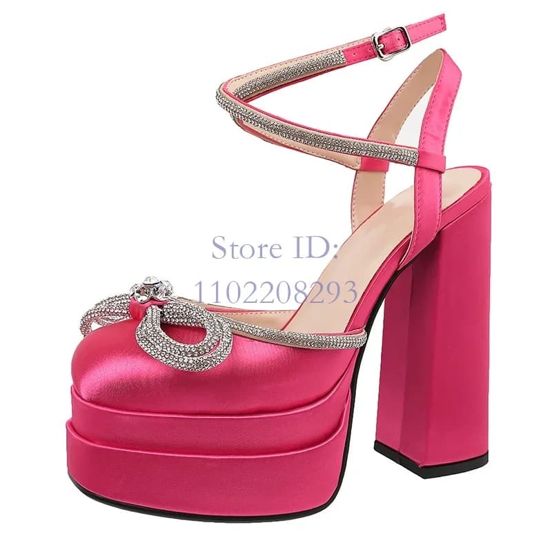 Crystal Butterfly-knot Sandals Solid Platform Round Toe Back Buckle Strap Chunky High Heels 2025 Women Fashion New Shows Shoes