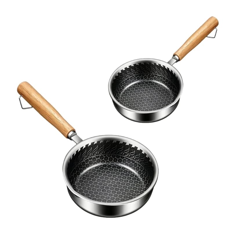Padella per uova in acciaio inossidabile con manico in legno, piccola pentola per cucinare e spruzzi d'olio con impugnatura Y5GB