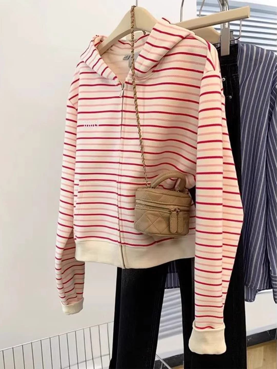 plus Size 240 Pounds American Retro Striped Splicing Hoodie Women's Loose Slimming Autumn Winter Casual Long Sleeve Top
