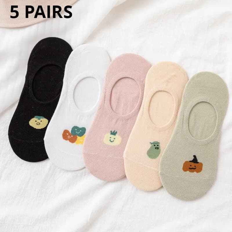 5 Pairs Women's Silicone Non slip Invisible Socks Lady Summer Vegetable Pattern Ankle Boat Socks Female Soft Sock Breathable