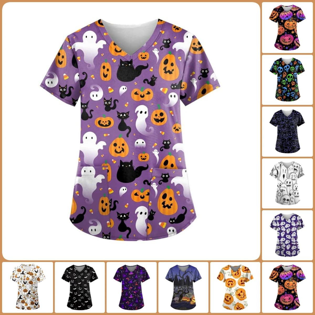 Uniforme ospedaliera da donna Stampa di cartoni animati di Halloween Top da infermiera dentale Scollo a V Manica corta con maglietta tascabile Uniforme medica per donna
