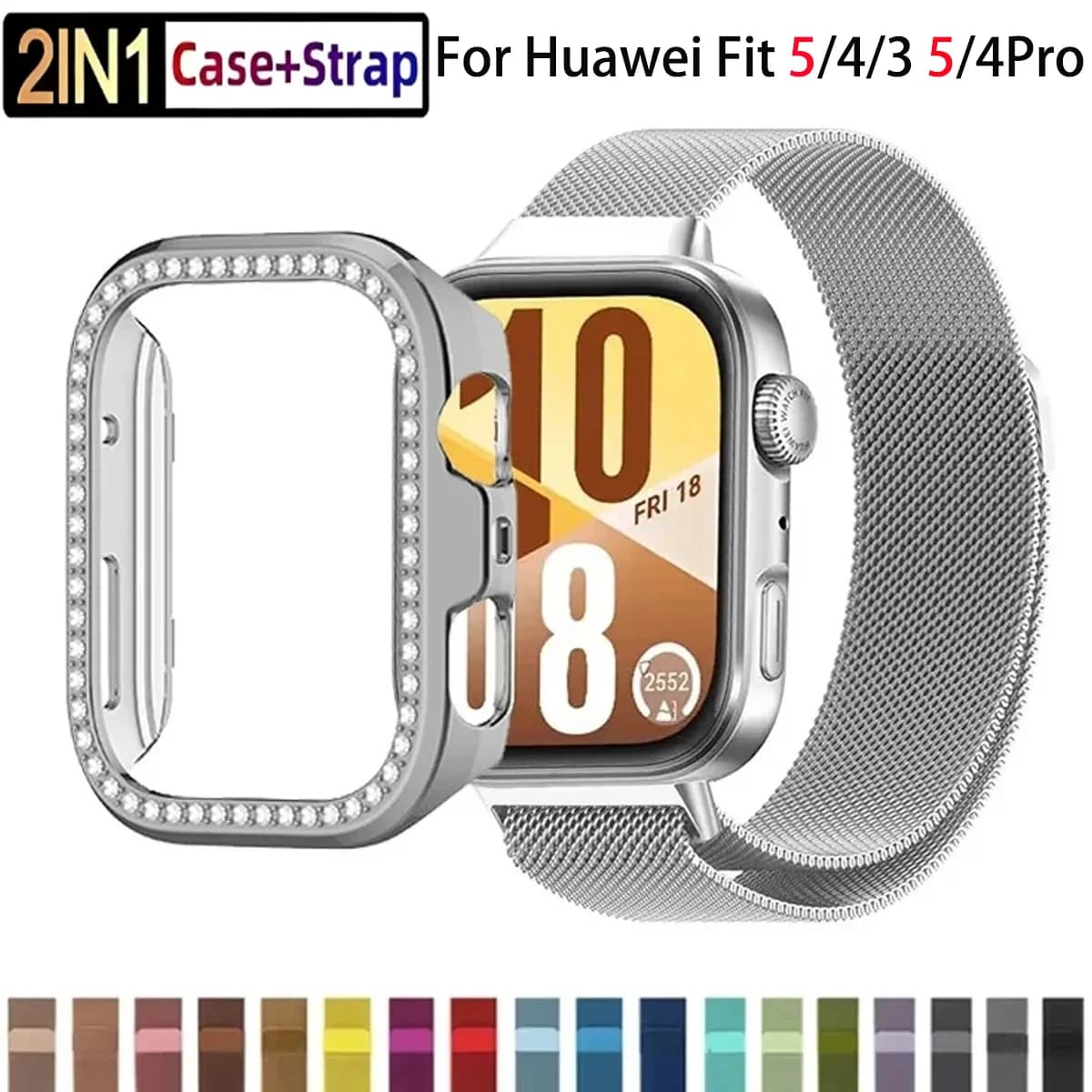 Women Magnetic Strap+Case for Huawei Watch Fit 5/5Pro Milanese Band Bling Diamond Cover for Huawei Band 3/4/4Pro Bracelet