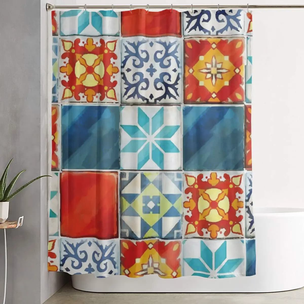 Tenda da Doccia Impermeabile in Poliestere con Ganci, Motivo Piastrelle Azulejos Colorate dal Gioco da Tavolo Azul