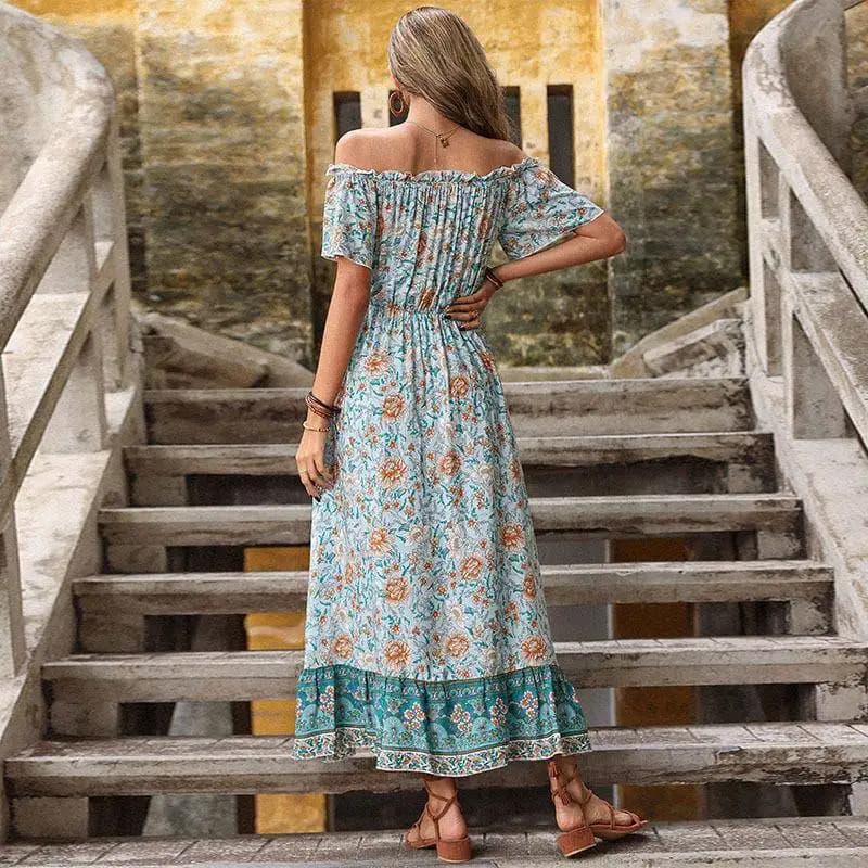 Blue Floral Print Vintage Countryside Style One-Shoulder Summer Dress High Waist Irregular Skirt Short Sleeve City Walk Dress