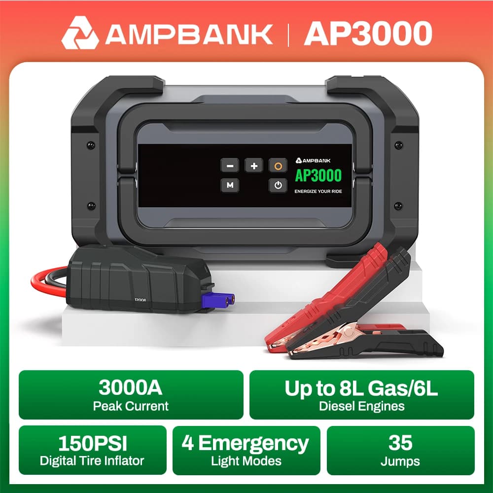 AMPBANK AP3000 3000A Avviatore di emergenza per auto portatile con gonfiatore digitale per pneumatici 150PSI Compressore d'aria 12V Batteria per auto Booster Pack