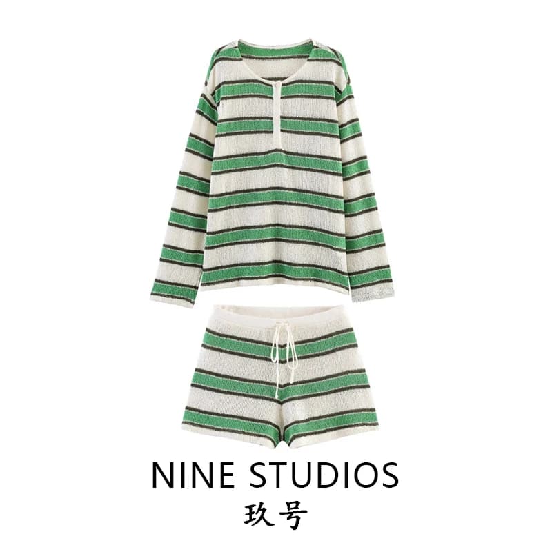 NINE ZAR Women's Striped Vacation Style T-shirt Knitwear Shorts Fashion Set Summer Spring Long Sleeve Regular Length