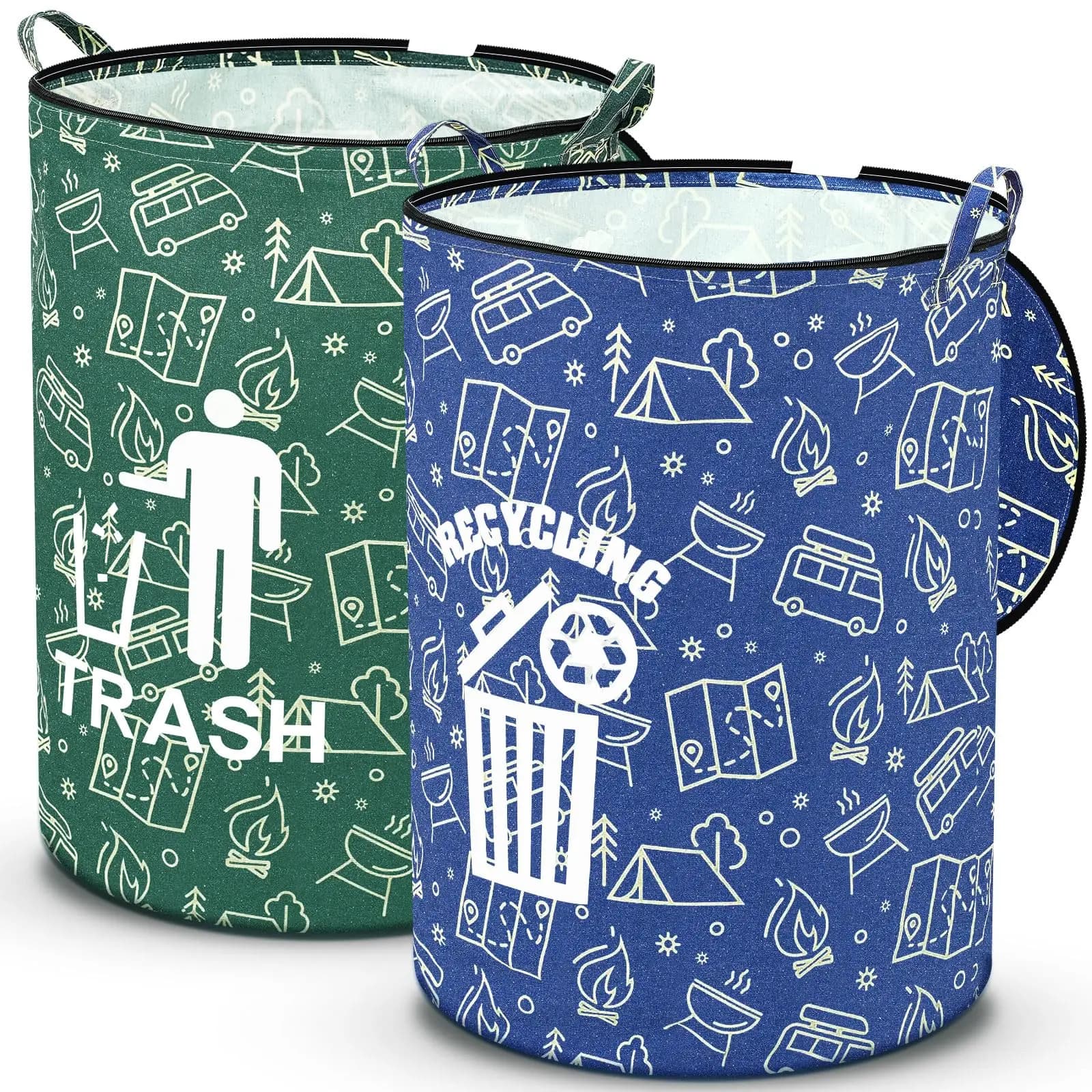 2 Pack Collapsible Trash Can With Zippered Lid Foldable Storage Bin For Camping RV Outdoor Recycling