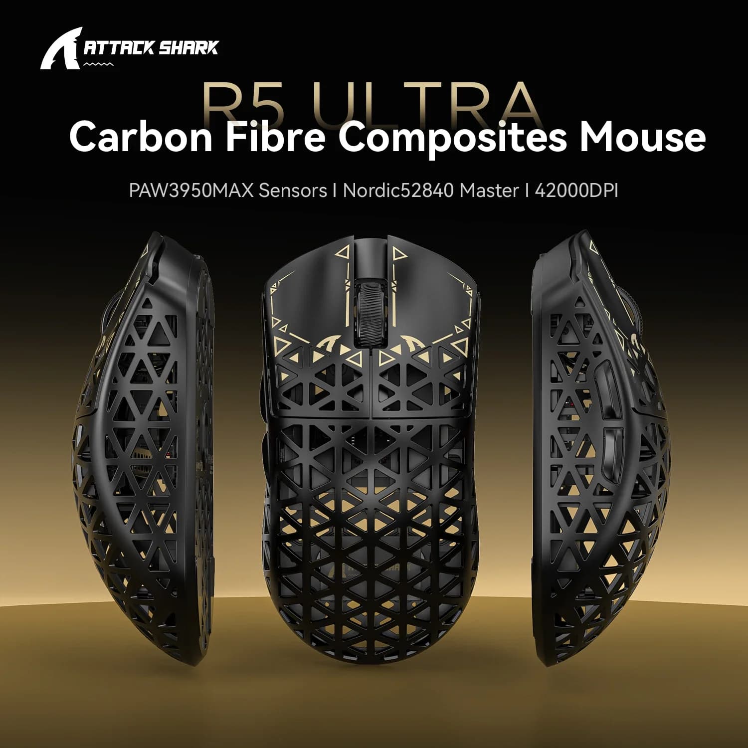 ATTACK SHARK R5 Mouse da gioco wireless in fibra ultra carbonio PixArt PAW3950MAX Sensore da gioco 42000 DPI 8000Hz MCU Nordic 52840 per PC