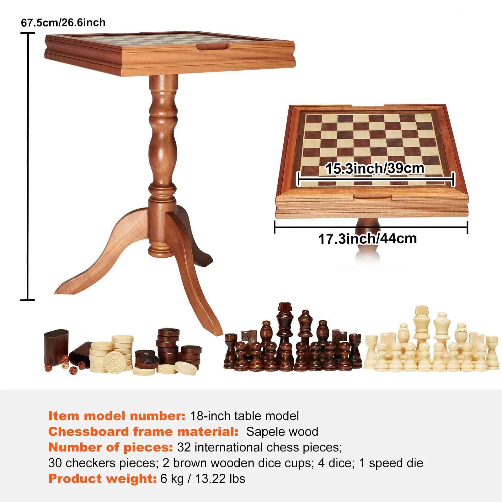 3-IN-1 Chess Checkers Backgammon Table Set, 18 Inch Premium Wooden Chess Table, Deluxe Combo Game Table Furniture Set, Chess Set Board Game Gift for Family Board Games