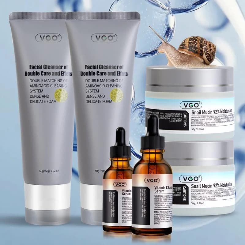 VGO Skin Care Set – Vitamin C Serum + 92% Snail Moisturizing Cream + Double-acting Detergent – Slacking Hydrating and Deep Cleaning