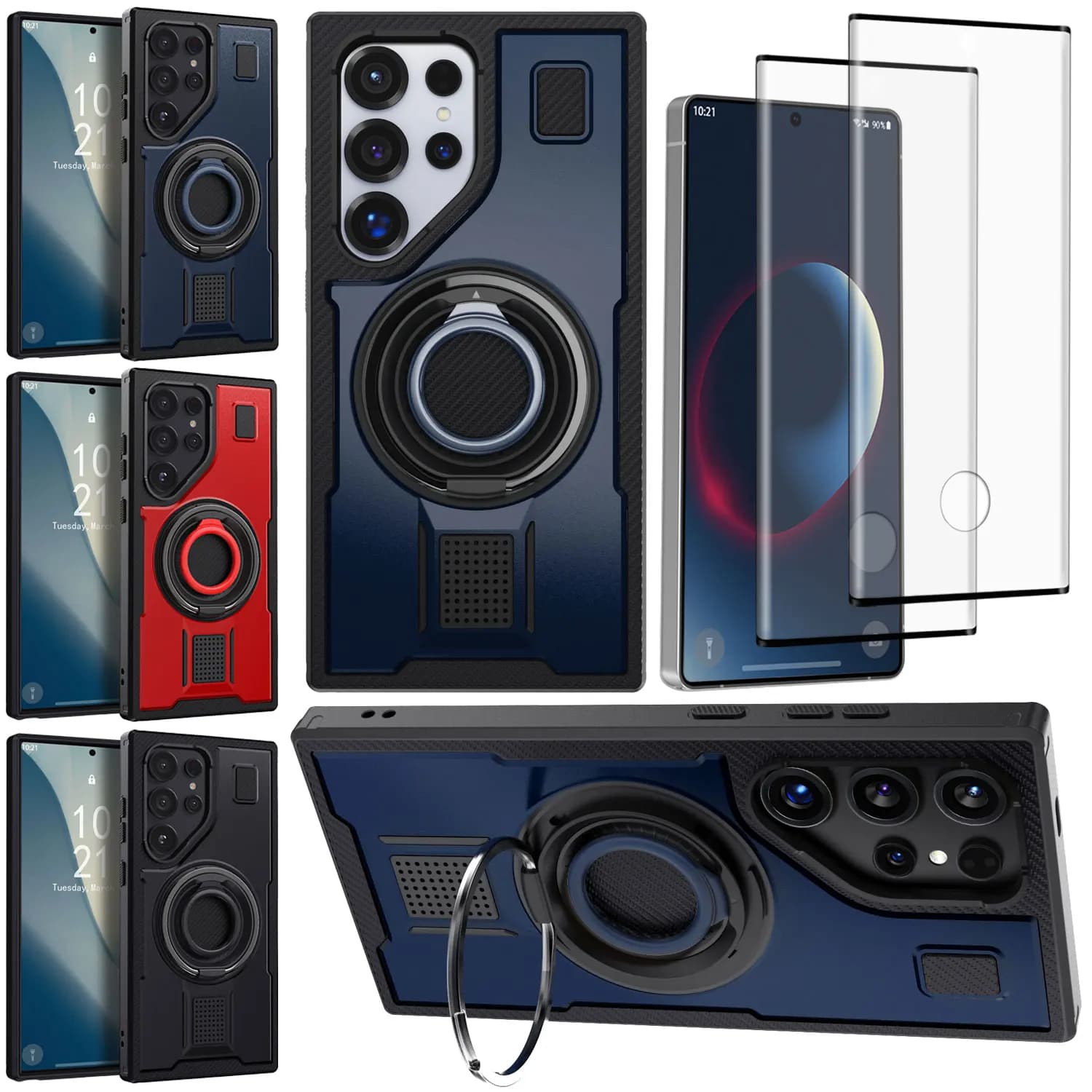 For Samsung For Galaxy S25/S25+/S25 Ultra Hybrid Robust Case Ring Support for Cavalry + 2 pieces Protects Transparent Tempered Glass Screen