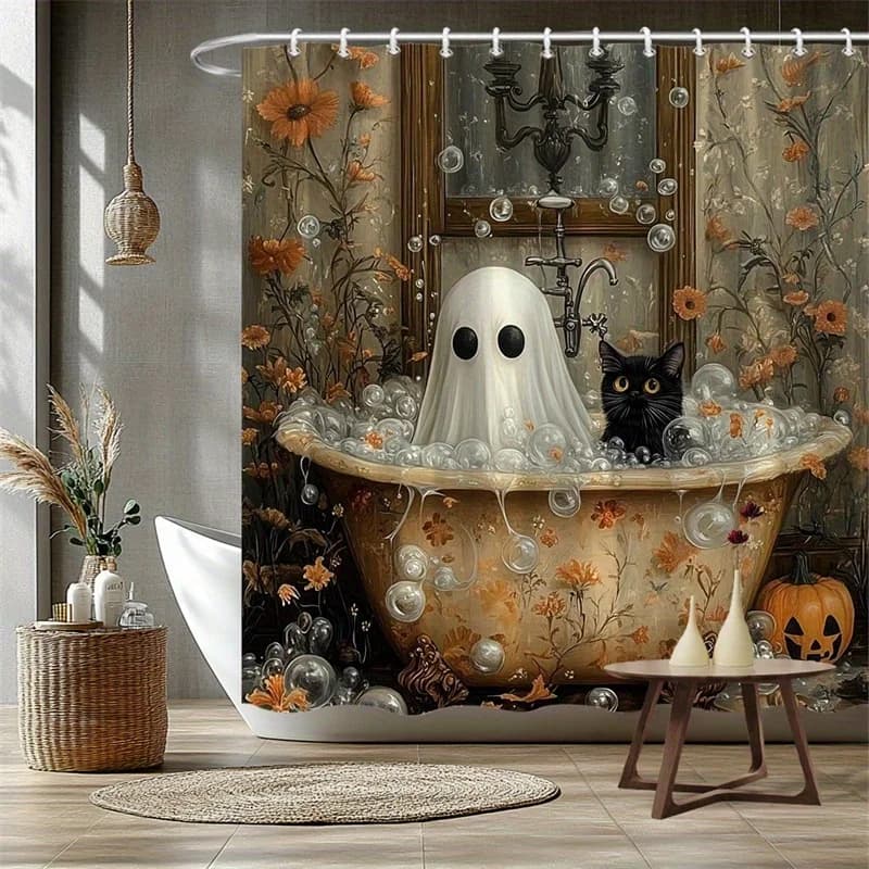 New in 2026 One Halloween-Themed Shower Curtain Showcasing a Black Cat, Ghost, Bubbles, Autumn Orange Flowers, a Vintage Window with a Chandelier, And Pumpkin Details, Measuring 70.86X70.86 Inches And Including 12 Hooks