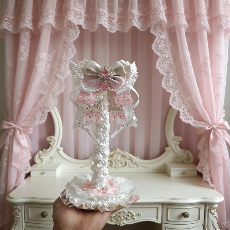 Supporto per Cuffie a Forma di Ali d'Angelo Kawaii, Fatto a Mano con Pizzo e Perle, Stile Lolita Rosa Dolce per Ragazze