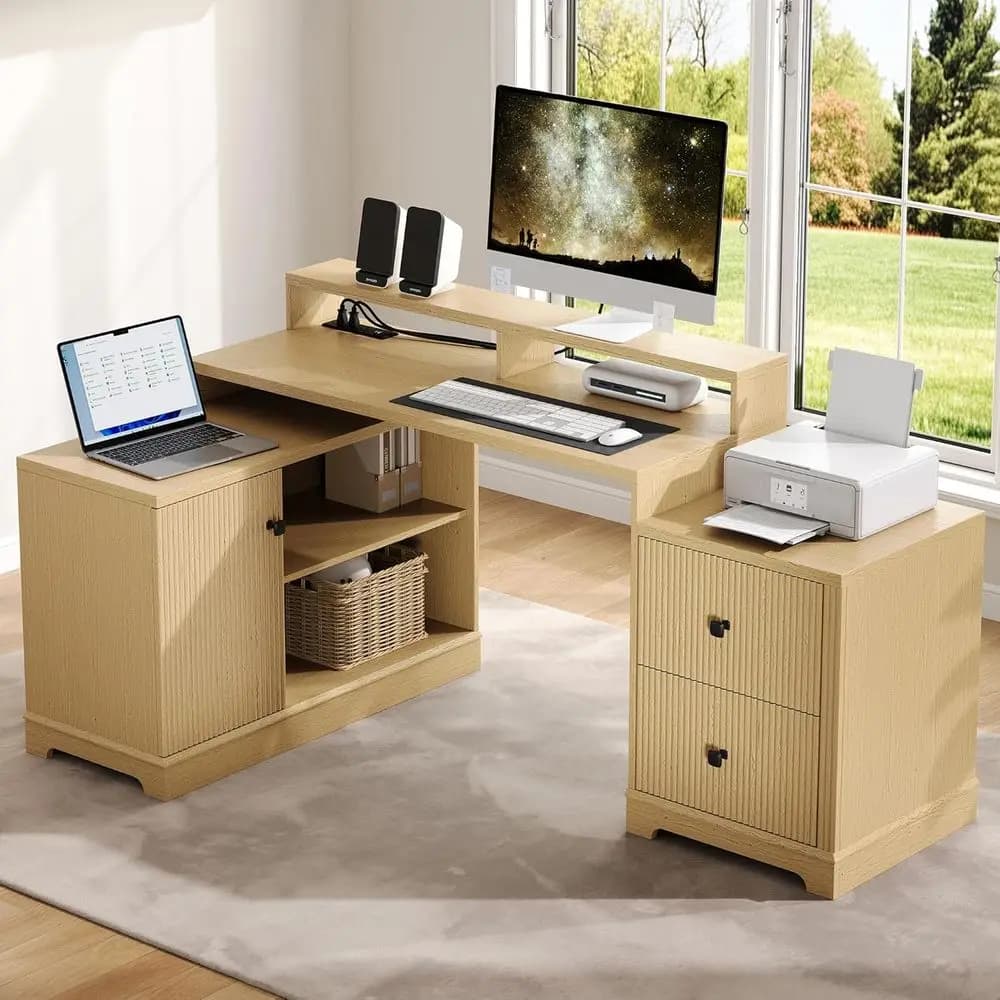 Scrivania da ufficio a forma di L da 67 pollici con cassetti, spazio contenitore, supporto per monitor, ripiano per stampante, finitura rovere