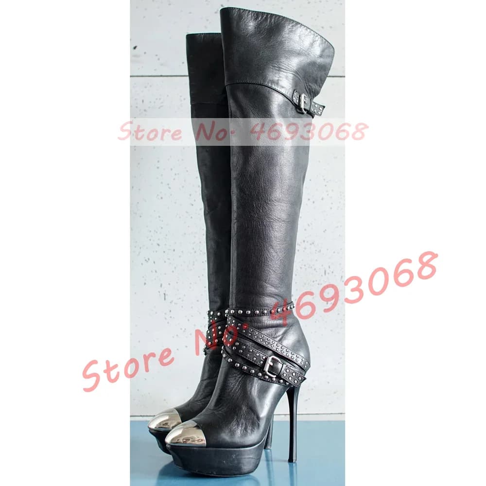 Boots above the knee with plateau and vintage metal tip Women boots with round toe Rivets Belt buckle Fashionable shoes Long boots with high heel with sexy side zipper