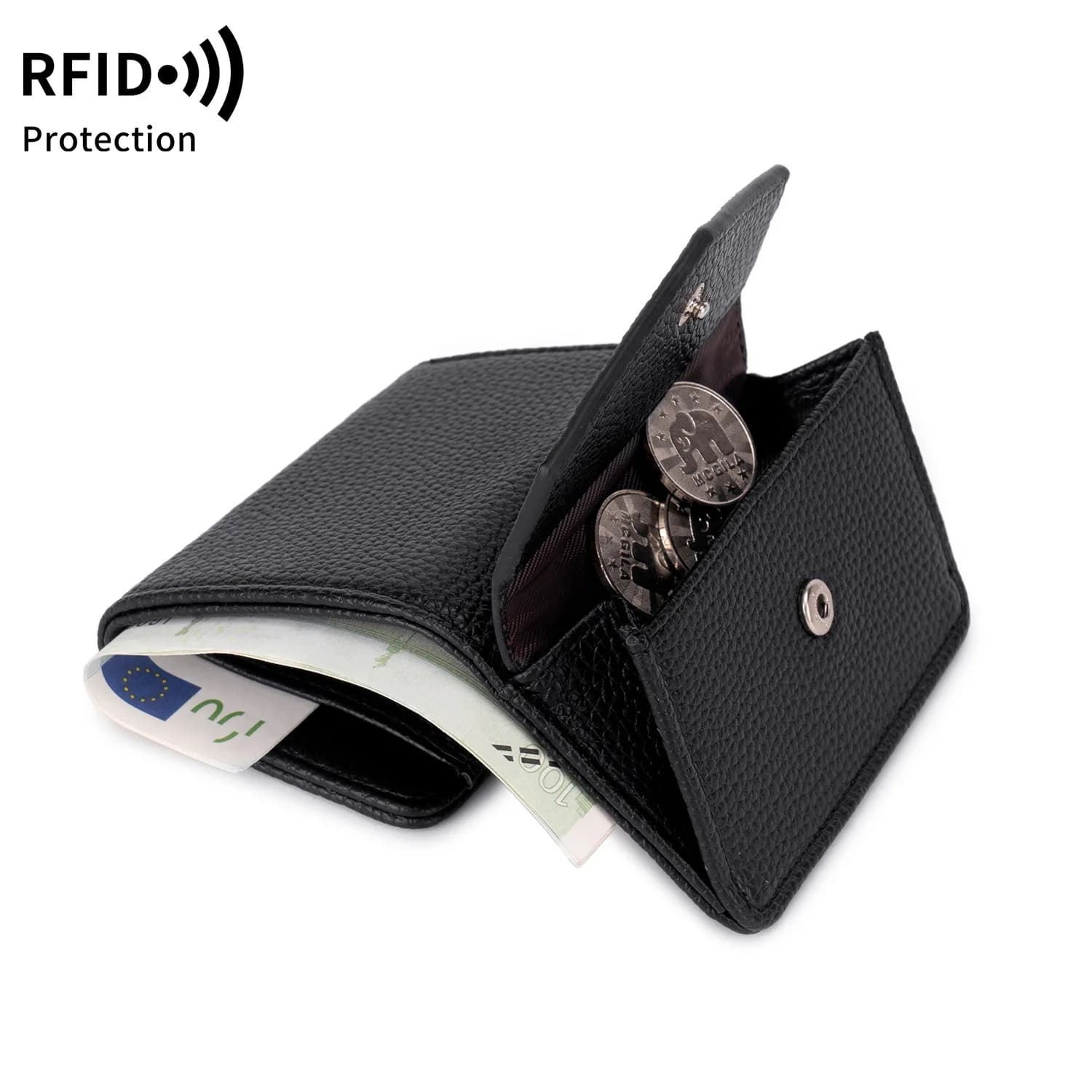 Portafoglio RFID, Portamonete Mini da Donna, Portamonete Corto in Pelle Lychee