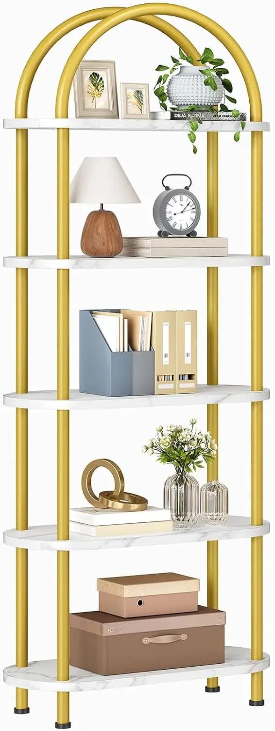 HOOBRO 5 Tier Open Bookshelf, Industrial Arched Bookcase Display Shelf Rack, Wooden Bookcase Storage Shelf Metal Frame, Tall Storage Organizer for Home, Easy Assembly, Gold DM176SJ01
