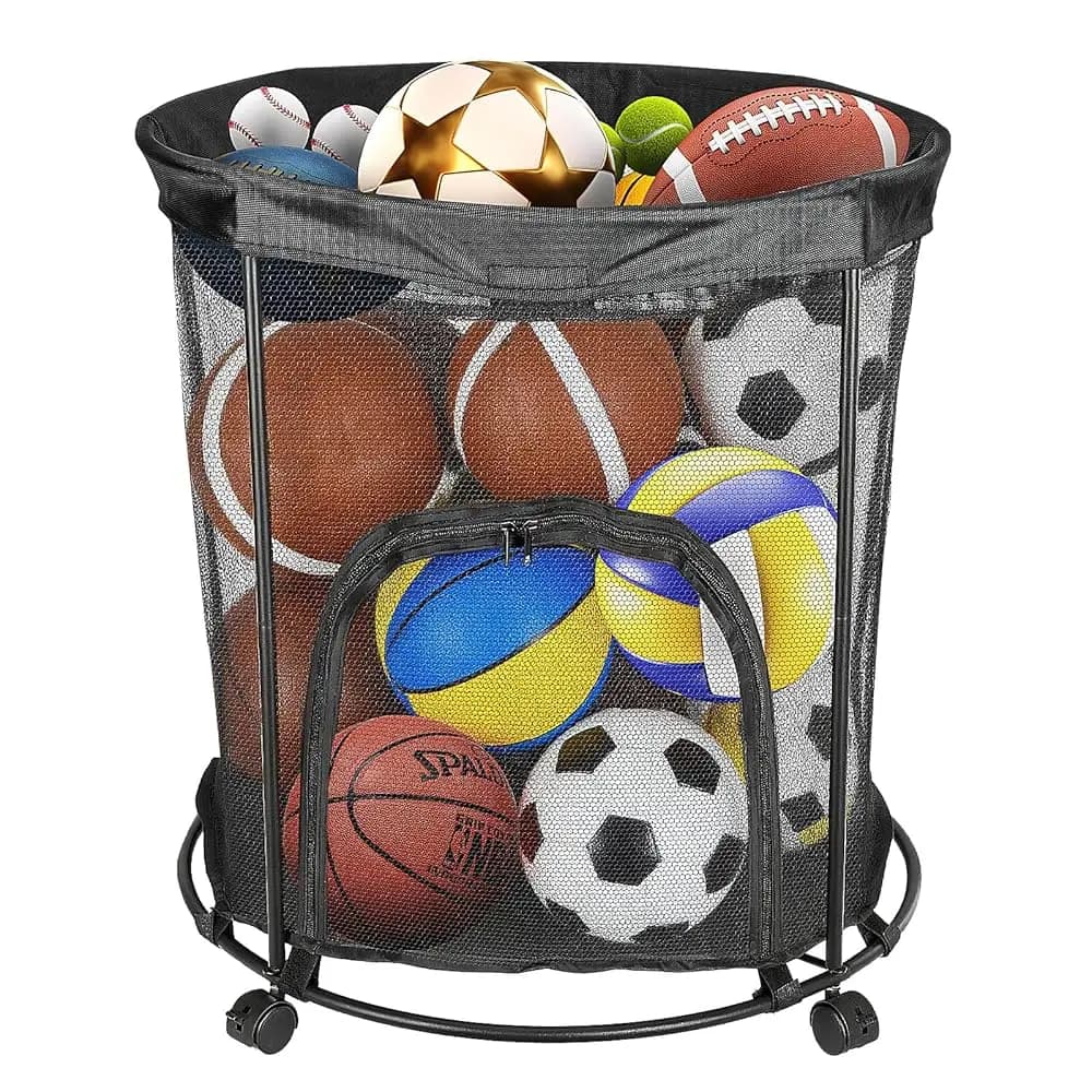 Contenitori per Palloni con Ruote e Cerniere Laterali, Carrello da 48 Galloni e Organizer a Rete per Palloni da Calcio, Basket e Abbigliamento