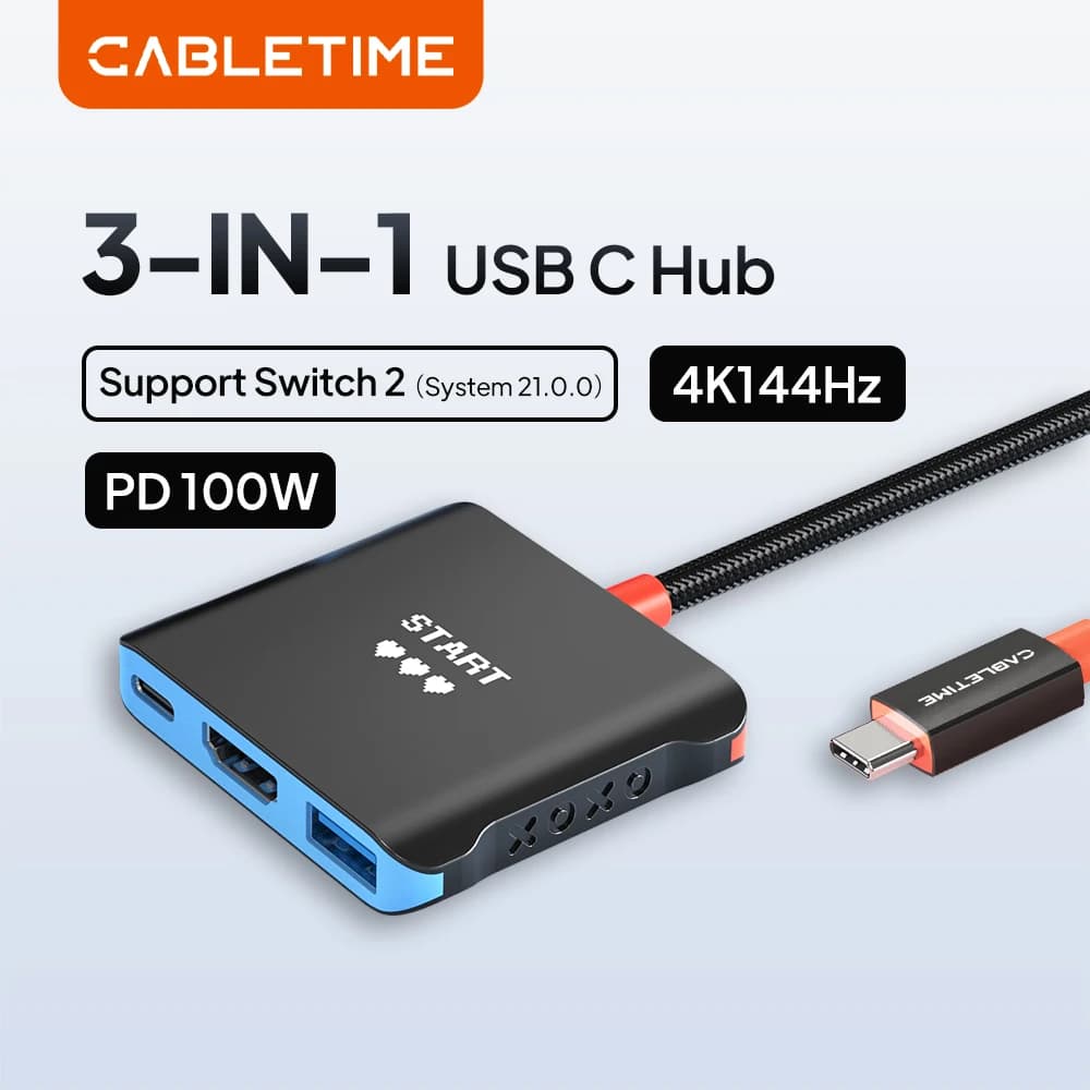 CABLETIME Hub 3 in 1 per Switch 2, Dock 4K144Hz PD100W 5 Gbps, Stazione Dock TV Portatile Sostitutiva per Switch/Switch 2/Steam Deck
