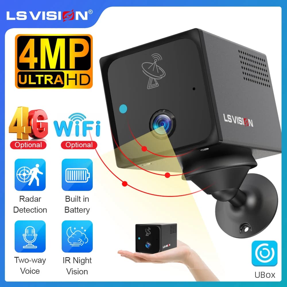 LS VISION 4MP 4G Mini telecamera Wireless WiFi per interni Rilevazione radar Visione notturna a colori Batteria incorporata Telecamere di sicurezza App Ubox