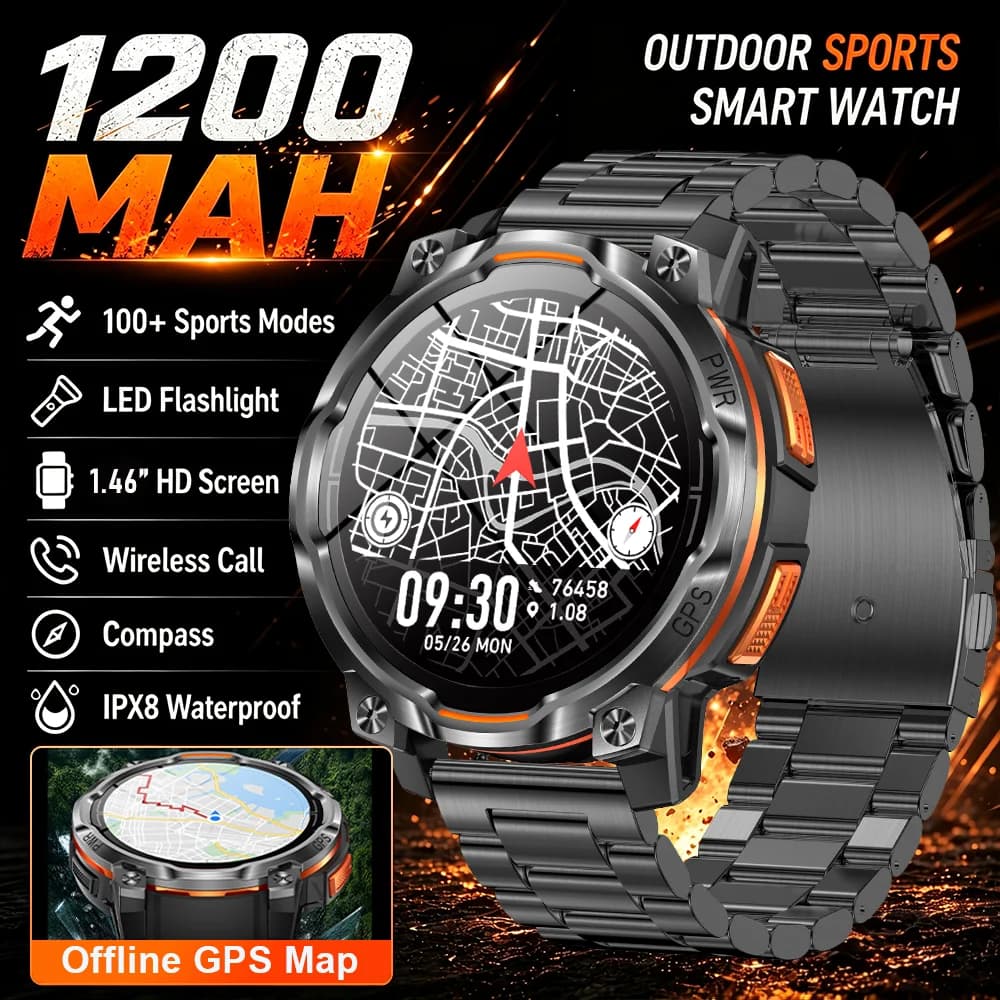 2026 New Military Grade 1200 mAh Battery SmartWatch Men 1.46" AMOLED Screen Offline GPS IP68 Waterproof Sports Call Smartwatches