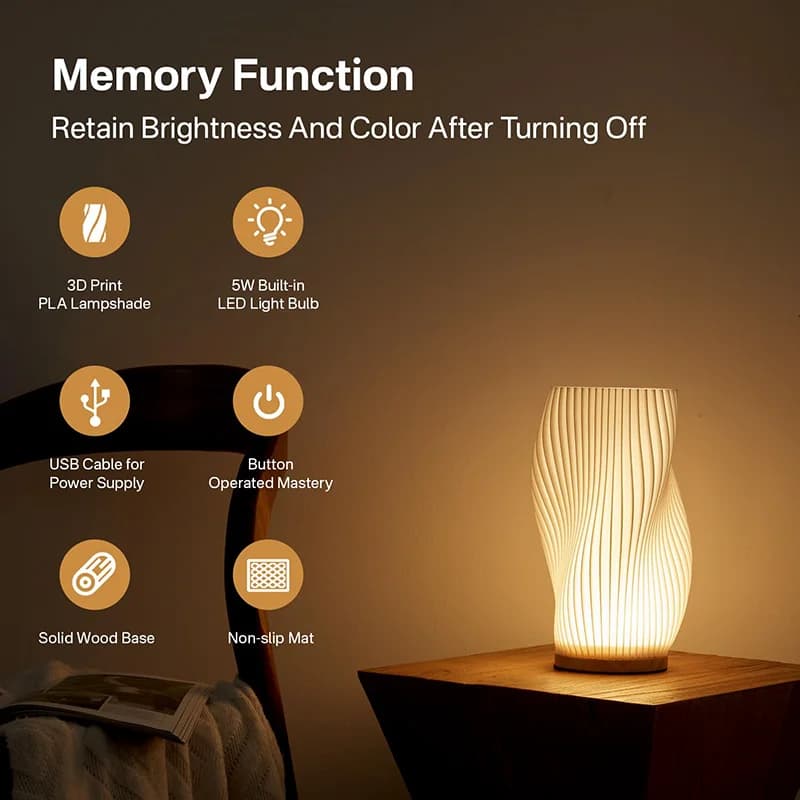 3D Printed Table Lamp Touch Dimmable Ambient Light with Solid Wood Base, Eco-Friendly Artistic Desk Lamp USB Powered for Modern Home Office Decor, Lifetime Support