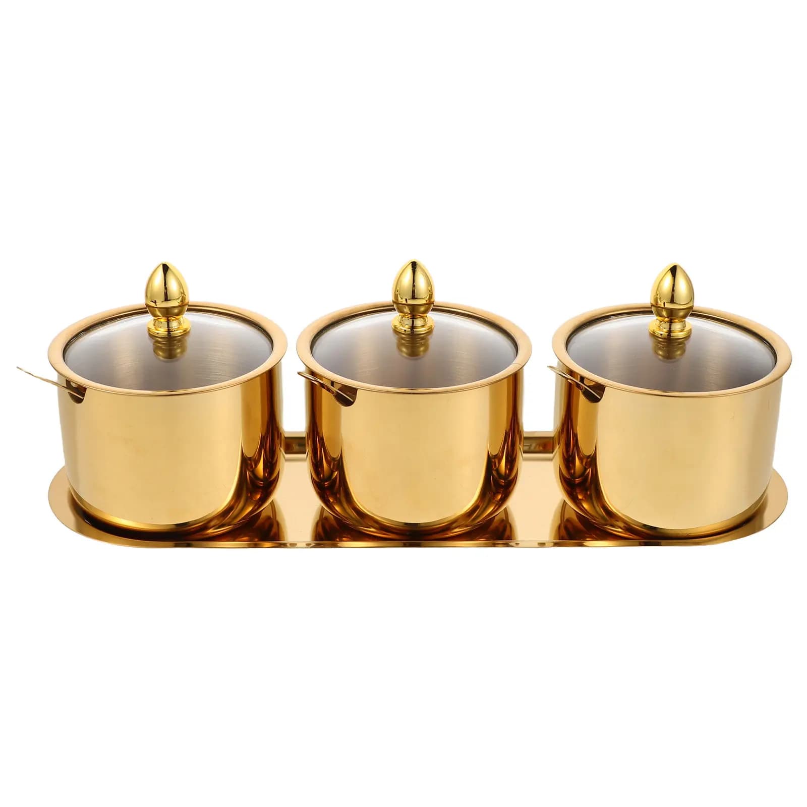 1Set Stylish 3-Grid Metal Condiment Set Stainless Steel Seasoning Containers with Clear Glass Lid Reusable Tray Salt Sugar Spice